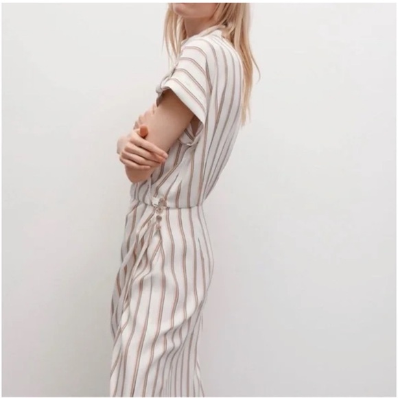 NWT Zara striped wrap midi dress in cream and tan with gold buttons size S - Picture 3 of 12